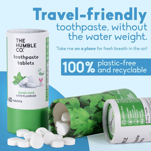 The Humble Co Chewable Toothpaste Tablets with Fluoride, Mint - Bite, Chew, Brush - Zero Water & Plastic Free Toothpaste Tabs - Travel-Friendly & Waste-Free Dental Oral Care Hygiene - 180 Count